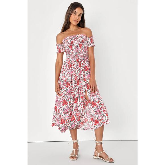 Lulus Dresses & Skirts - Lulus View From Meadow M Cream Floral Off Shoulder Midi Dress